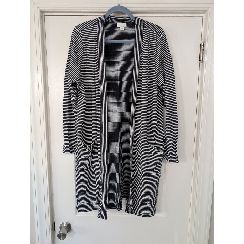 J. Jill Womens Duster Cardigan Navy‎ White Stripe Long Sleeve Pockets XL coastal